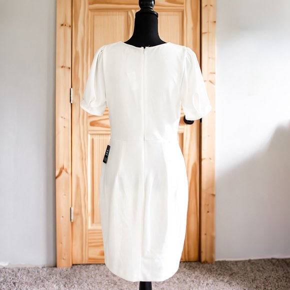 NWT Express Puff Sleeve Sheath Dress with Tie Waist in Winter White Size Medium - Picture 4 of 13